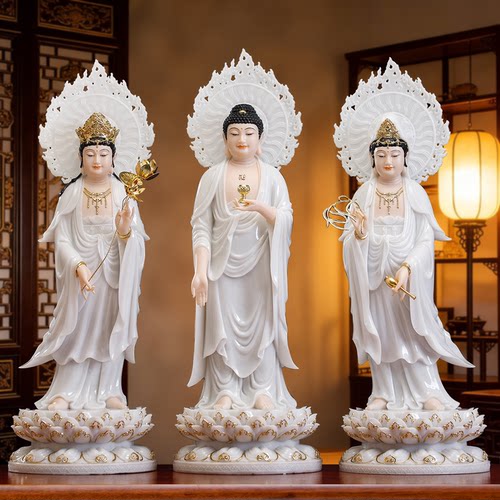 汉白玉西方三圣观音佛像家用供奉