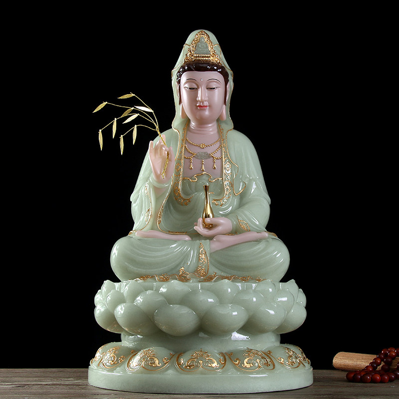 汉白玉观音菩萨家用坐莲观音佛像翠玉镶金观世音菩萨客厅供佛摆件