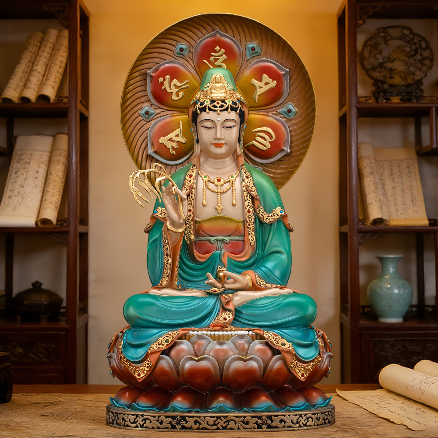 台湾纯铜彩绘观世音菩萨家用供奉坐莲观音菩萨佛像娑婆三圣像摆件