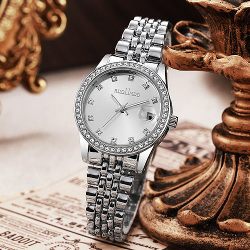 新款手表女生高颜值小众女表 日历复刻经典冰蓝镶钻钢带女士手表