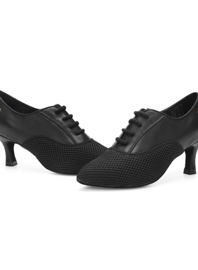 舞鞋AG1003-18女摩登直底教师练习款牛皮拼网透气毛皮底室内鞋