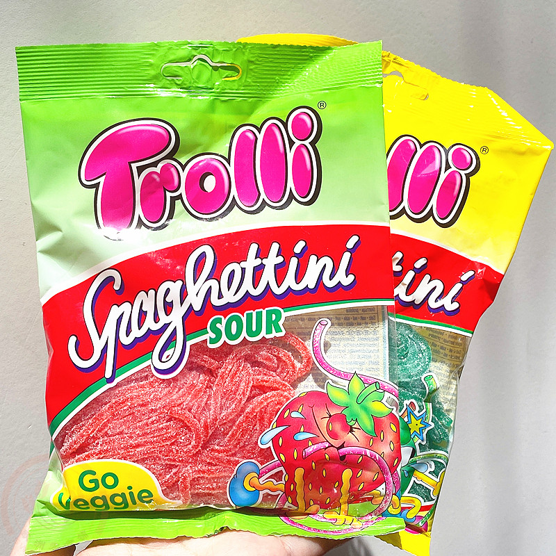 现货发口力酸爽草莓天线糖朴灿烈金智妮同款Trolli苹果线条软糖果