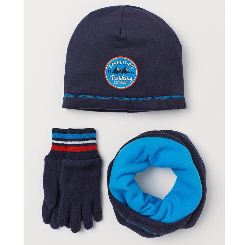 가을 겨울 어린이 양털 모자 목 스카프 및 장갑 3 종 세트 폴라 플리스  소년 검정 방풍 경량