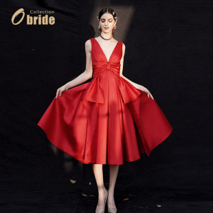 订婚礼服女 酒红色敬酒服新娘缎面高端轻奢小个子短款 Obride 棠