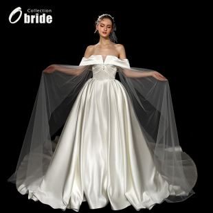缎面大拖尾新娘结婚主婚纱定制 一字肩婚纱2024新款 Obride 月神