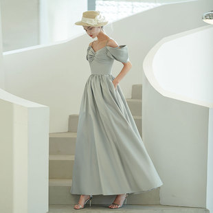 主持演出小个子成人礼礼服女 缎面一字肩礼服裙大码 Obride 美雪