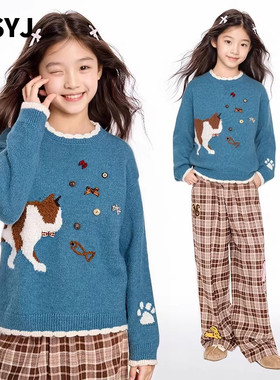 MSYJ 小猫立体刺绣毛衣女童冬季加厚休闲圆领针织上衣套头