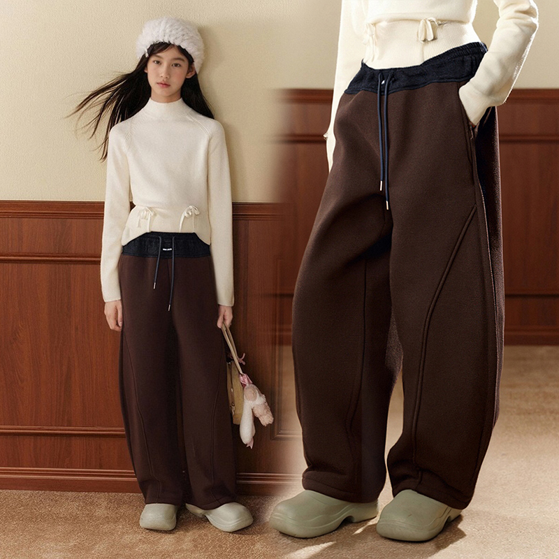 MSYJ 加绒阔腿裤女童秋冬2025新款中大童百搭休闲弯刀裤加厚长裤