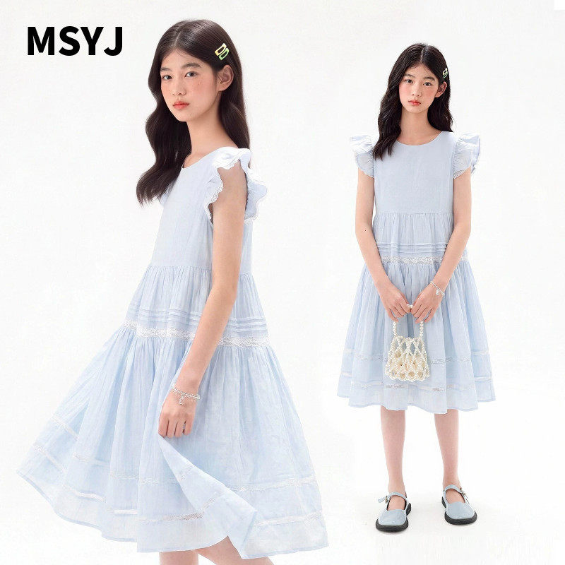MSYJ 儿童飞袖连衣裙夏季2026新款女童木耳边休闲A字裙甜美中长裙