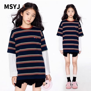 MSYJ 条纹T恤女童长袖2026新款春装中大童圆领休闲宽松假两件上衣