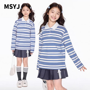MSYJ 蓝色条纹POLO衫女童翻领简约中大童秋季休闲上衣T恤