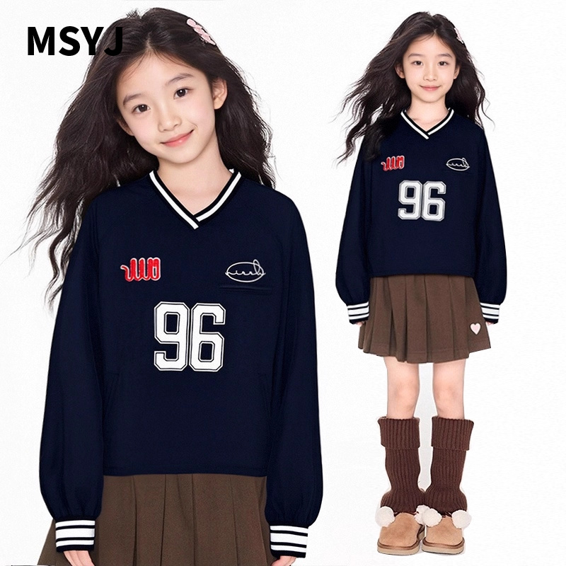 MSYJ 运动风秋季卫衣女童新款印花撞色V领套头长袖上衣