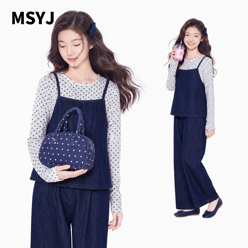 MSYJ 女童原色吊带牛仔打底三件套2026新款秋装儿童长袖休闲套装