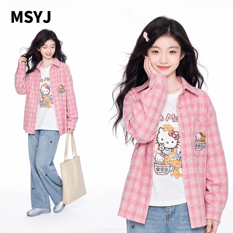 MSYJ 女童休闲秋装套装2026新款童装儿童格子衬衫T恤牛仔裤三件套