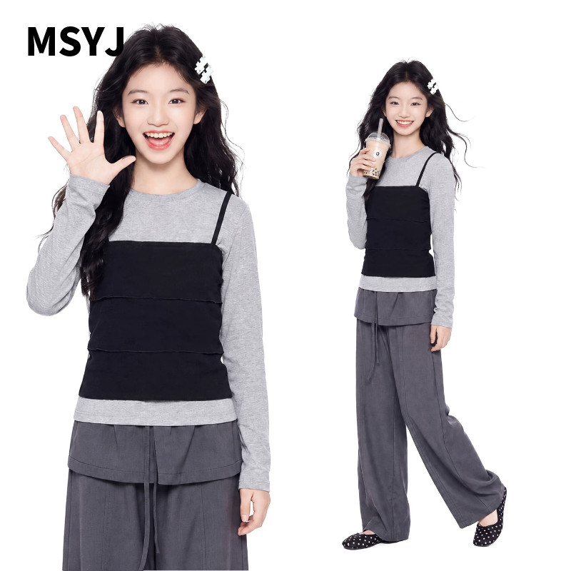 MSYJ 儿童假两件上衣套装2026新款女童秋季叠穿长袖T恤裙裤两件套