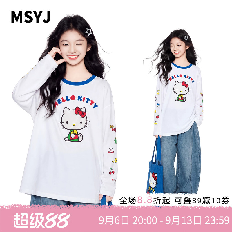 MSYJ 女童纯棉KT猫卡通印花长袖T恤2026初中生圆领休闲宽松上衣图片