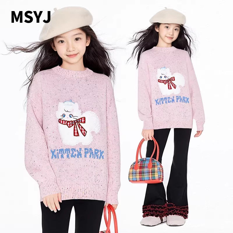 MSYJ 可爱猫咪刺绣针织衫女童秋冬加厚长袖圆领毛衣休闲上衣套头