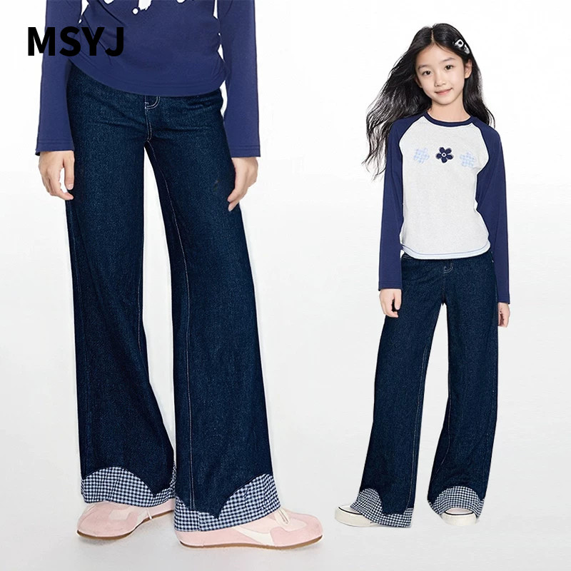 MSYJ 蓝格子设计感牛仔裤女童春季新款直筒裤子休闲长裤