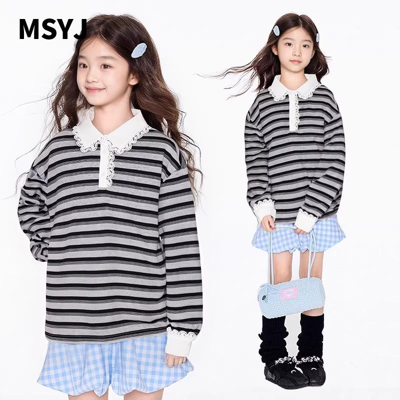 MSYJ 初秋复古蕾丝边拼接POLO领女童长袖条纹T恤宽松上衣,童装/婴儿装/亲子装,T恤,淘宝优惠券,粉丝福利购,淘宝优惠卷