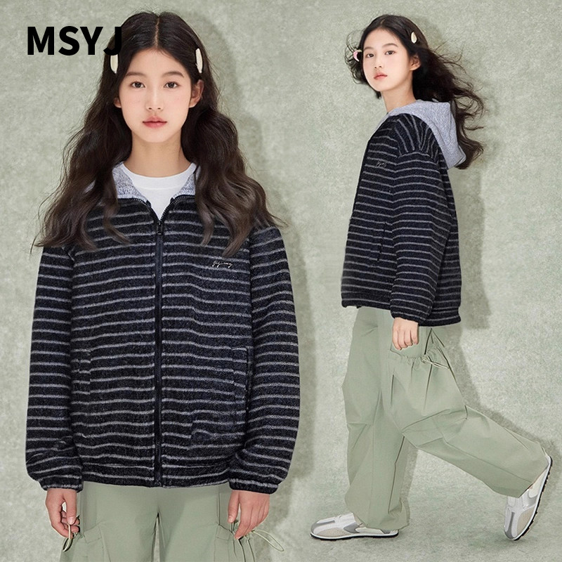 MSYJ 连帽条纹加绒外套女童休闲秋冬新款加厚保暖宽松上衣