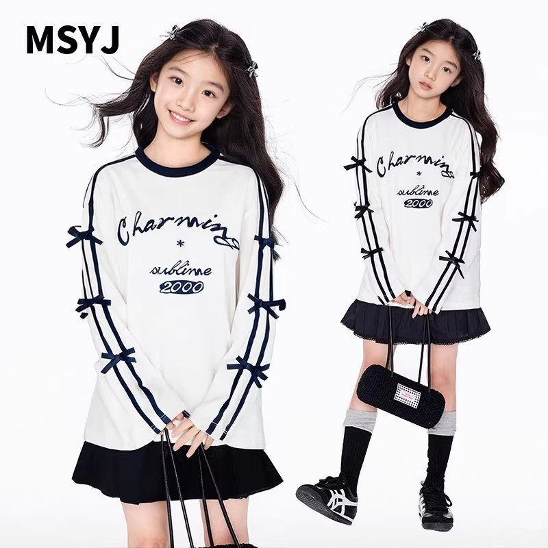 MSYJ 字母印花T恤长袖女童蝴蝶结宽松秋季中大童纯棉休闲圆领上衣,童装/婴儿装/亲子装,T恤,淘宝优惠券,粉丝福利购,淘宝优惠卷