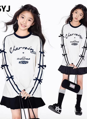 MSYJ 字母印花T恤长袖女童蝴蝶结宽松秋季中大童纯棉休闲圆领上衣