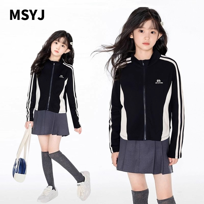 MSYJ 复古运动短款外套中大童秋装小立领拼色女童拉链修身上衣