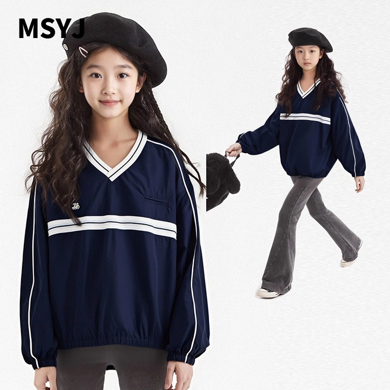 MSYJ 撞色复古拼接套头卫衣女童V领秋季新款宽松休闲长袖上衣