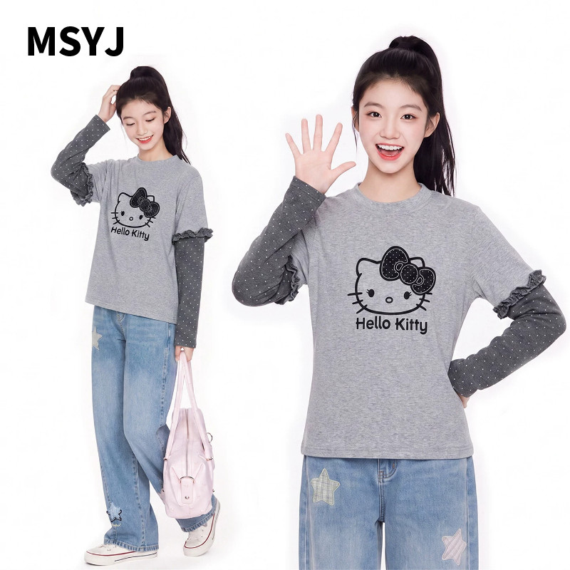 MSYJ 儿童长袖T恤假两件2026新款秋季女童圆领猫咪印花上衣休闲