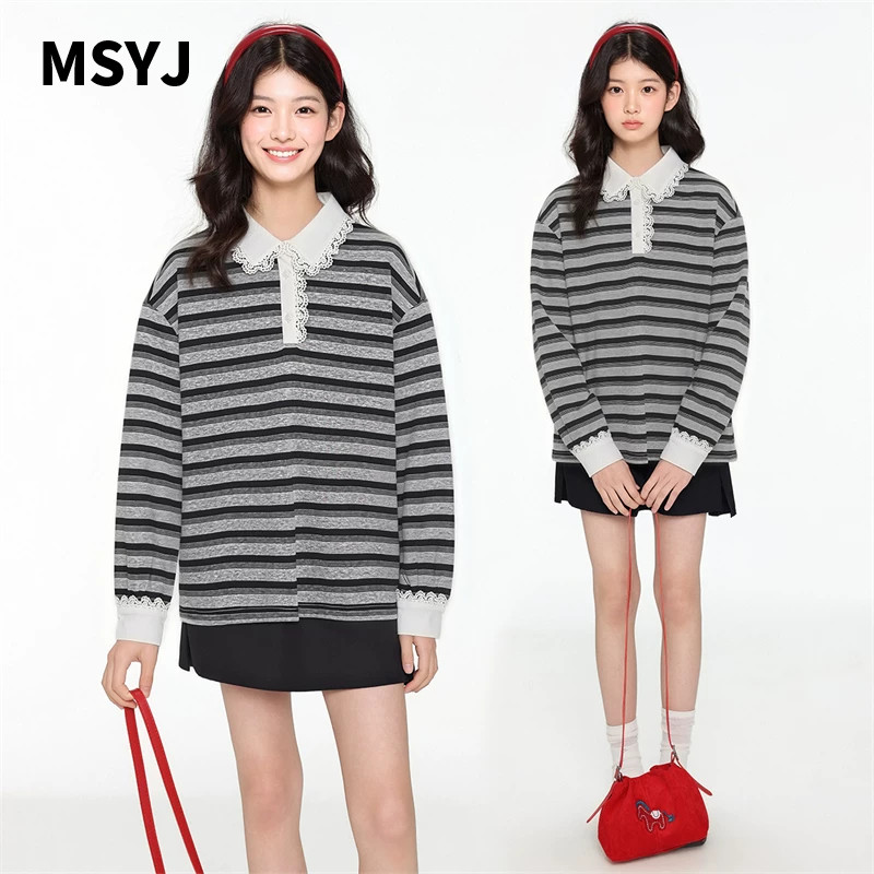 MSYJ 女童春季长袖条纹T恤miu系复古儿童蕾丝边拼接POLO领上衣