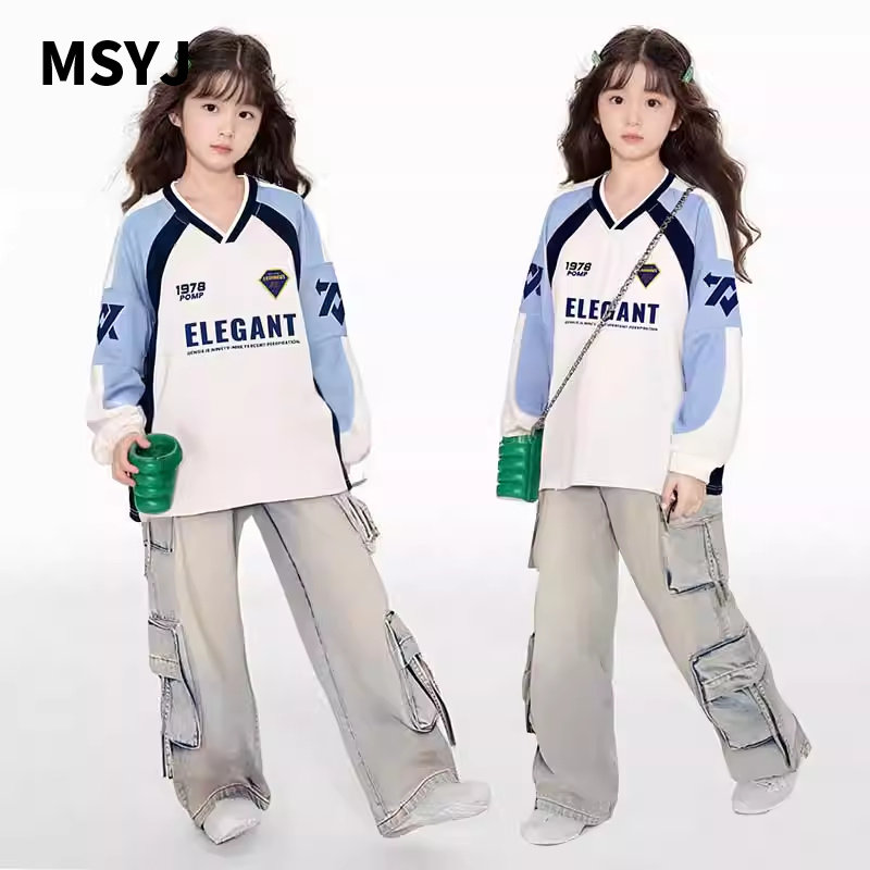 MSYJ 运动风女童长袖T恤V领少女秋装插肩袖拼色宽松休闲上衣