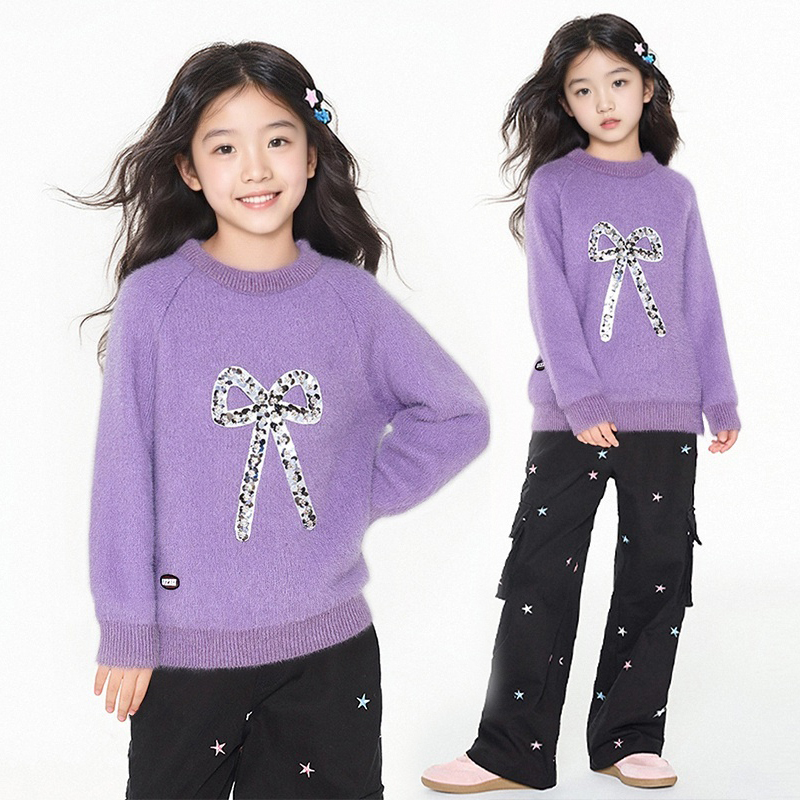 MSYJ 水貂绒毛衣女童秋冬加厚新款蝴蝶结圆领针织衫休闲上衣