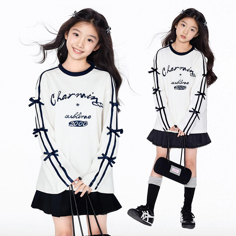 MSYJ 字母印花T恤长袖女童蝴蝶结宽松秋季中大童纯棉休闲圆领上衣