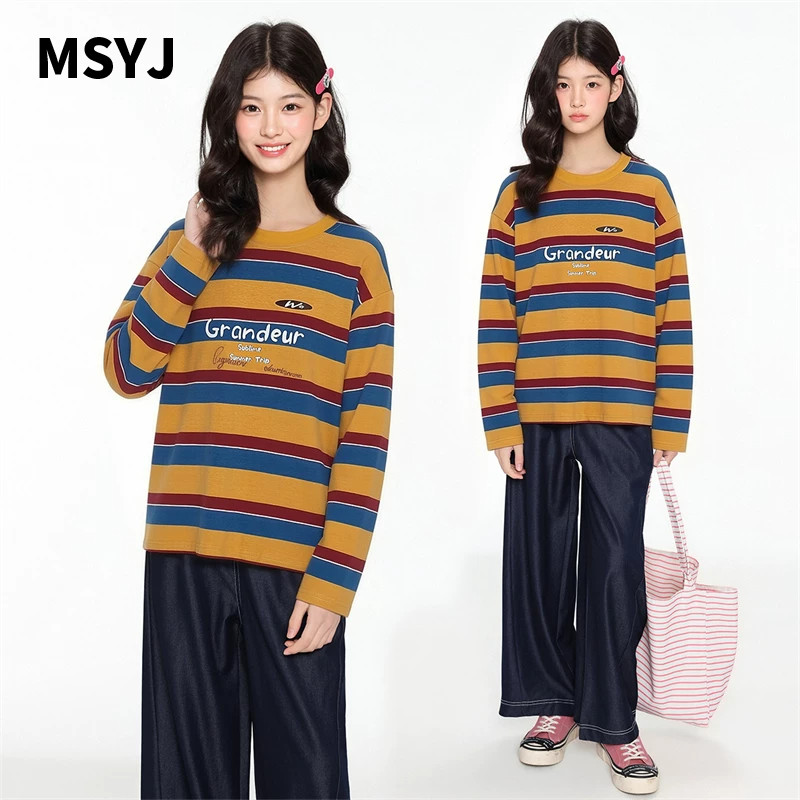 MSYJ 彩虹条纹T恤原创女童春季长袖中大童圆领上衣宽松休闲新款