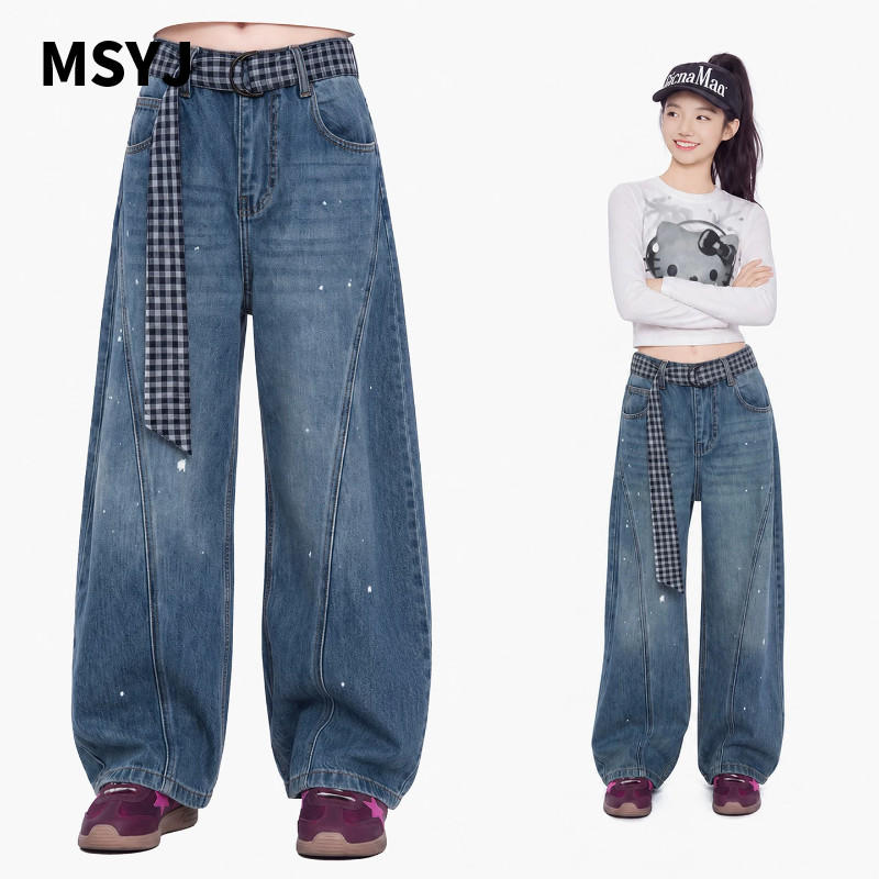 MSYJ 儿童泼墨牛仔裤2026秋季新款童装休闲弯刀裤女童阔腿裤长裤
