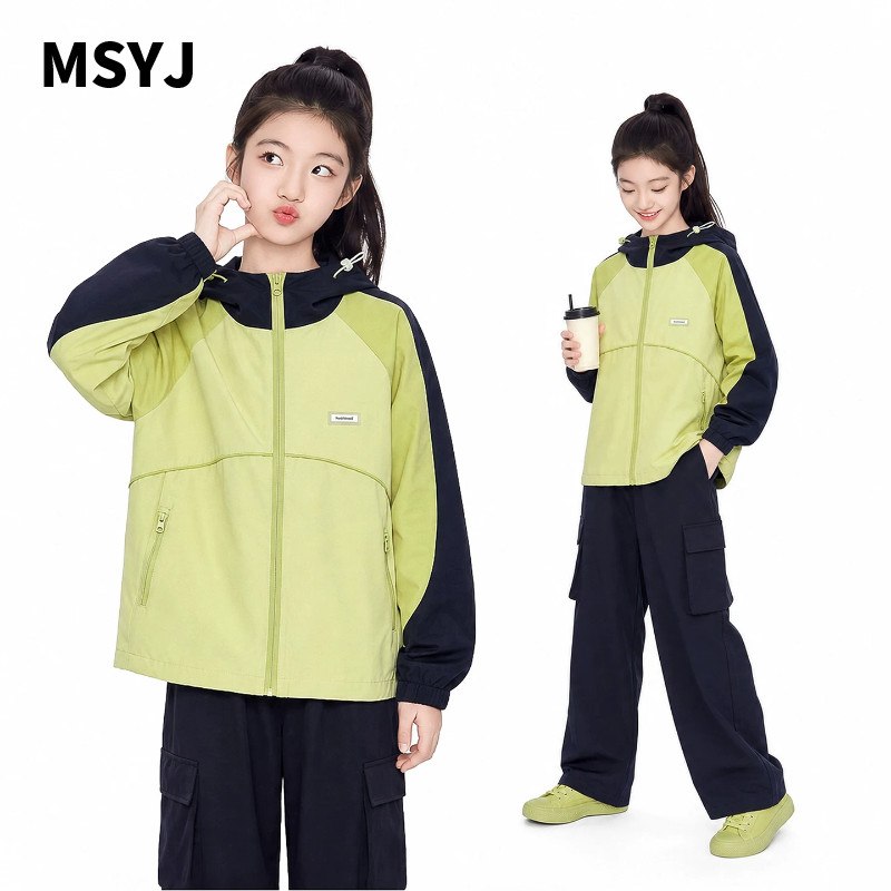 MSYJ 儿童户外风拼色外套2026新款童装女童连帽拉链衫上衣夹克