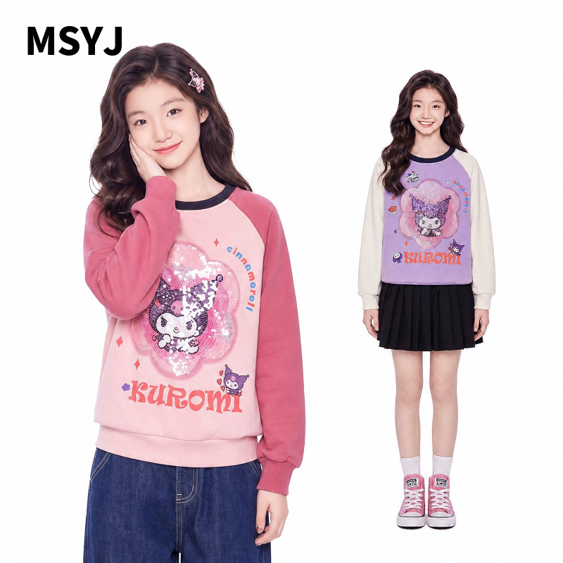 MSYJ 儿童休闲长袖卡通卫衣2026秋季女童圆领拼色插肩袖新款上衣
