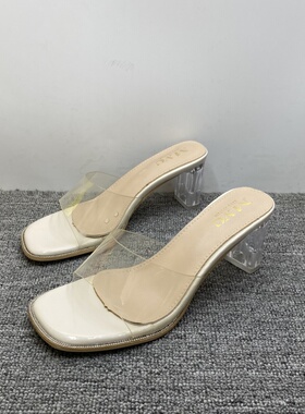 处理35.39码高跟鞋凉鞋女夏季新款时尚透明水晶鞋时装粗跟女拖鞋