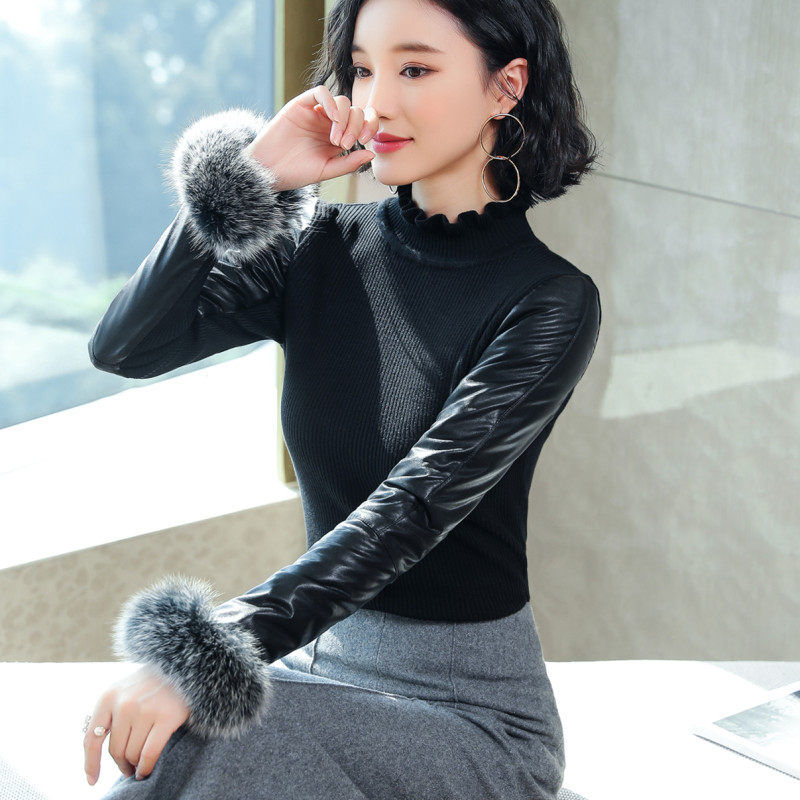 纯莉兰狐狸毛拼接皮袖打底衫女冬配皮草的羽绒棉袖针织衫修身毛衣