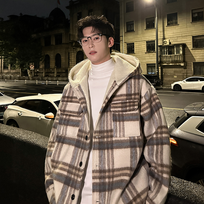 MH11`条纹ins加厚中长款羊羔毛呢料外套连帽棉衣棉服男P118，男装棉衣，电商A066