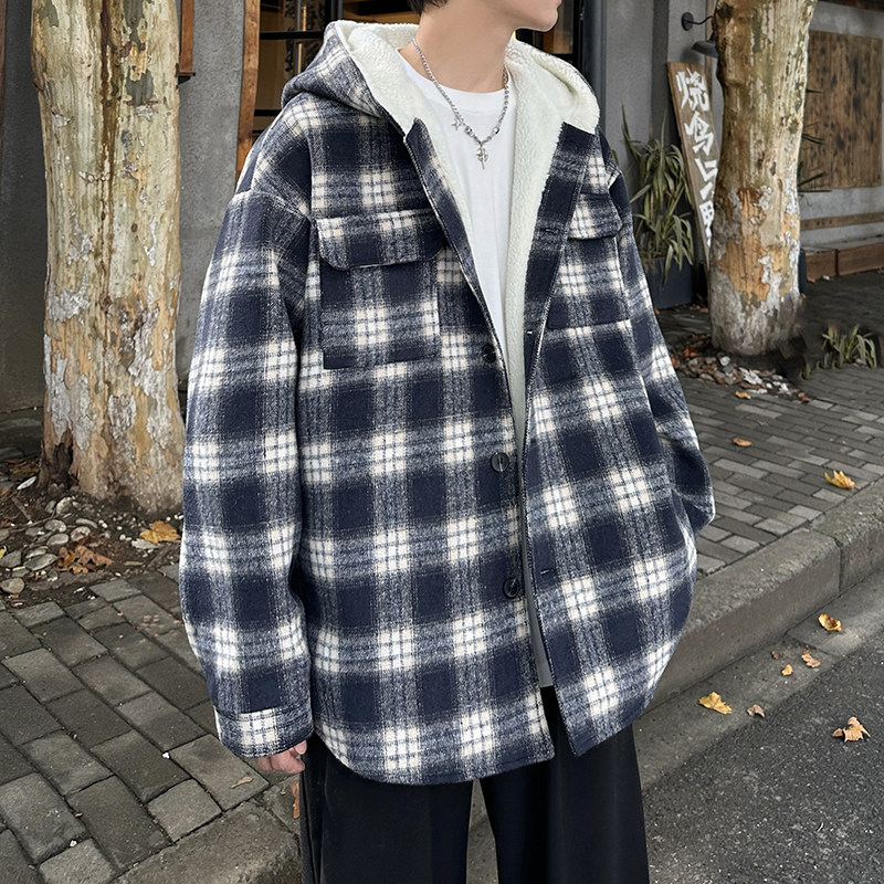 MH10`条纹ins加厚中长款羊羔毛呢料外套连帽棉衣棉服男P118,男装棉衣,电商A066