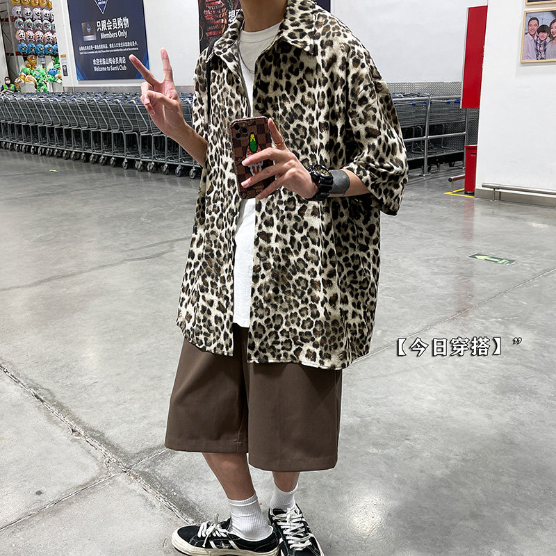 DX1501`宽松大码情侣中性街潮豹纹短袖衬衫男女P45灰色,男装衬衫,电商A066