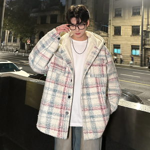 MH12`条纹ins加厚中长款羊羔毛呢料外套连帽棉衣棉服男 P118图片