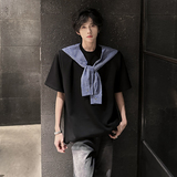 KT1028`（垫肩可拆装）假两件格子拼接短袖T恤男ins潮牌上痞帅P48，男装T恤，电商A066