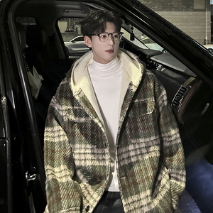 MH09`条纹ins加厚中长款羊羔毛呢料外套连帽棉衣棉服男 P118图片