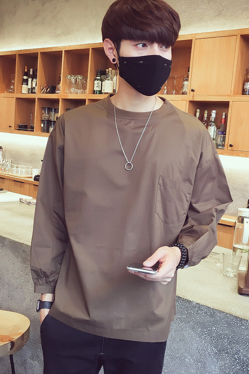 CC38简约拼接原宿风套头卫衣蝙蝠袖卫衣男P40棕绿色,男装卫衣,电商A066