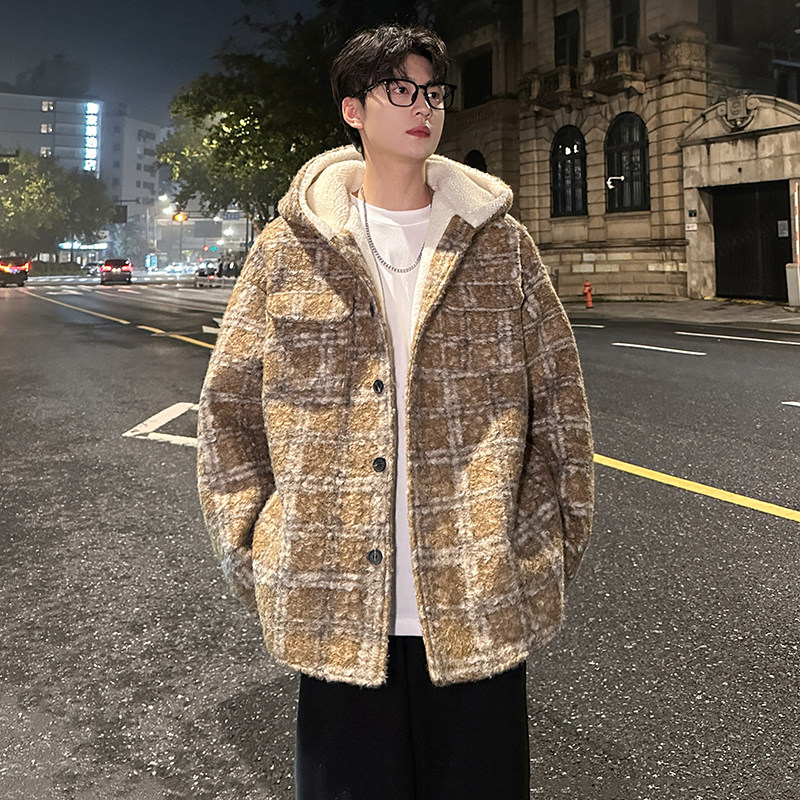 MH13`条纹ins加厚中长款羊羔毛呢料外套连帽棉衣棉服男P118,男装棉衣,电商A066