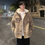 MH13`条纹ins加厚中长款羊羔毛呢料外套连帽棉衣棉服男P118，男装棉衣，电商A066