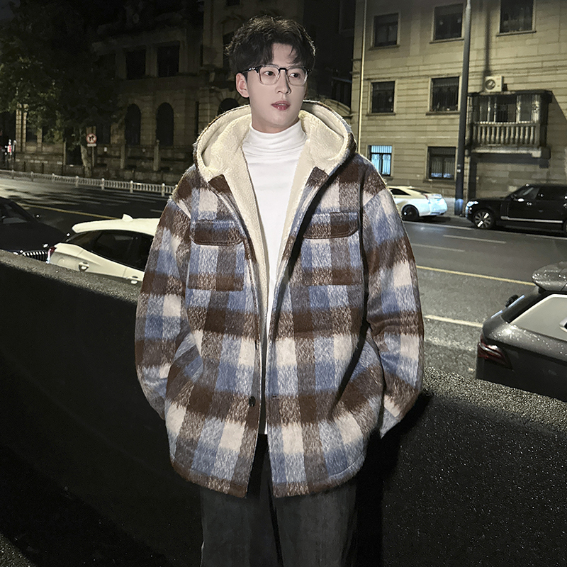 MH18`条纹ins加厚中长款羊羔毛呢料外套连帽棉衣棉服男P118，男装棉衣，电商A066