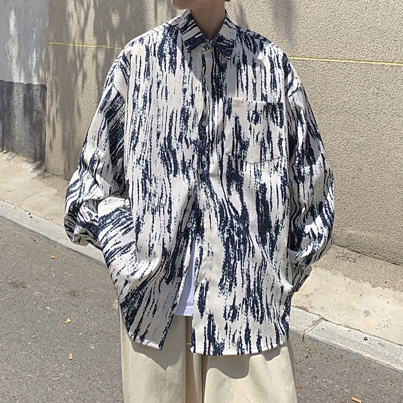 CT21宽松情侣港风大码ins扎染条纹衬衫外套男P4868蓝色,男装衬衫,电商A066